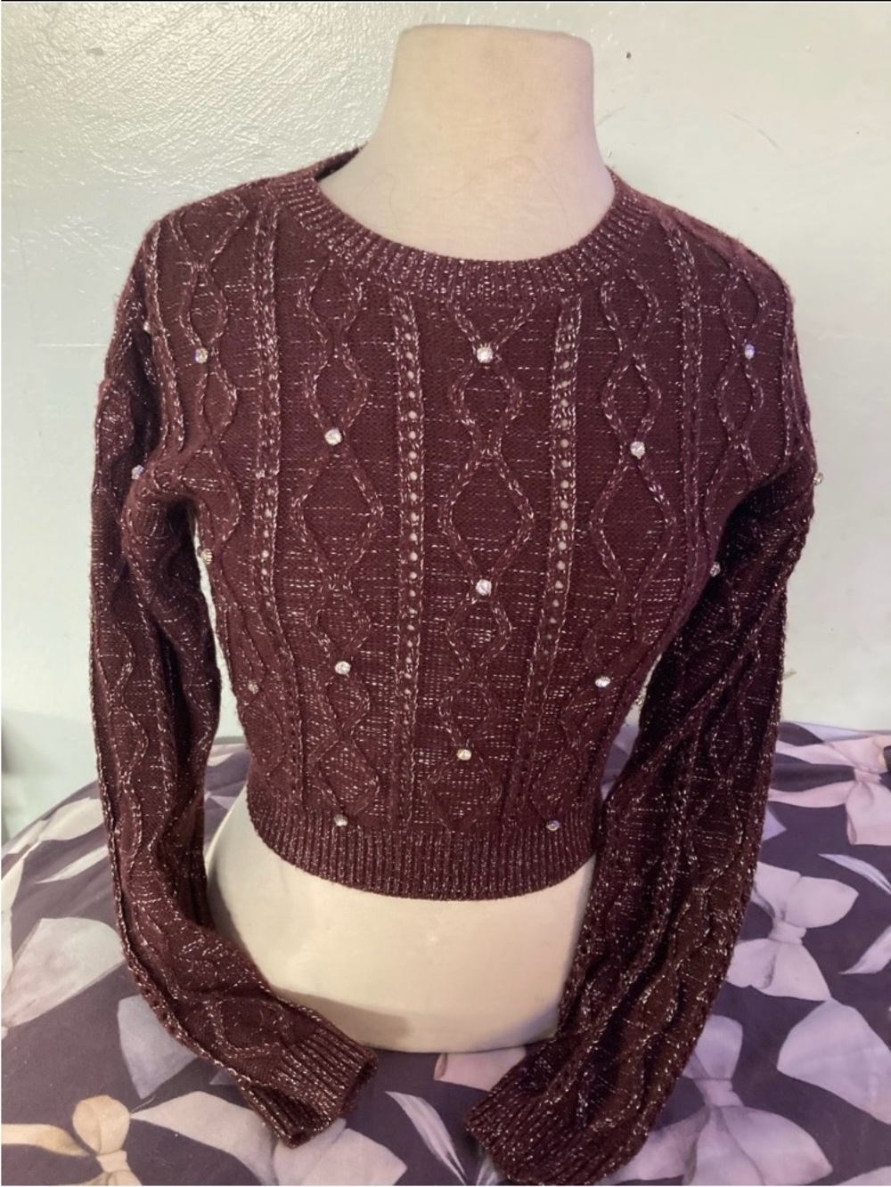 Forever 21 Sparkle-Thread Wine Crewneck Sweater with Bead Accents
